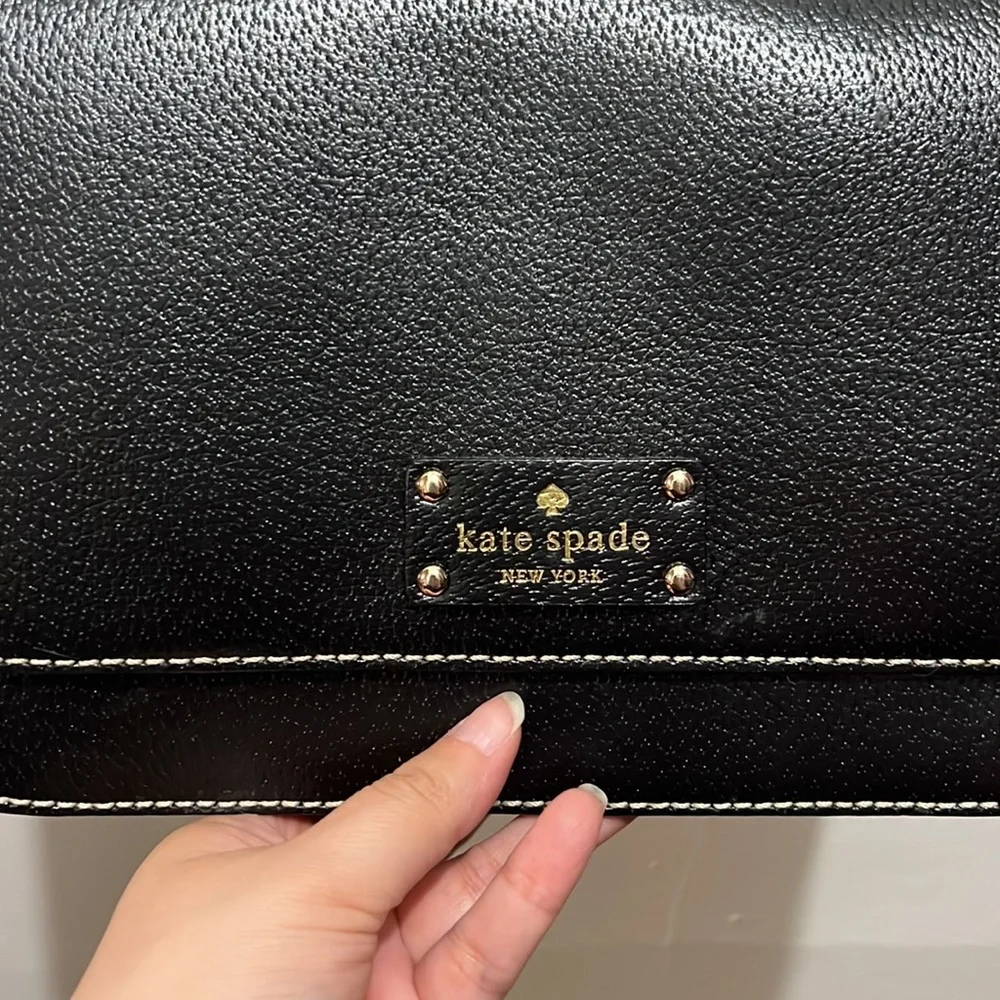 Kate Spade Flynn Black Leather Gold Accents Handbag Purse Pink Polka Dots Inner