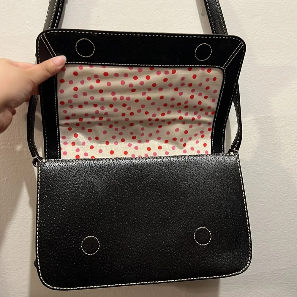 Kate Spade Flynn Black Leather Gold Accents Handbag Purse Pink Polka Dots Inner