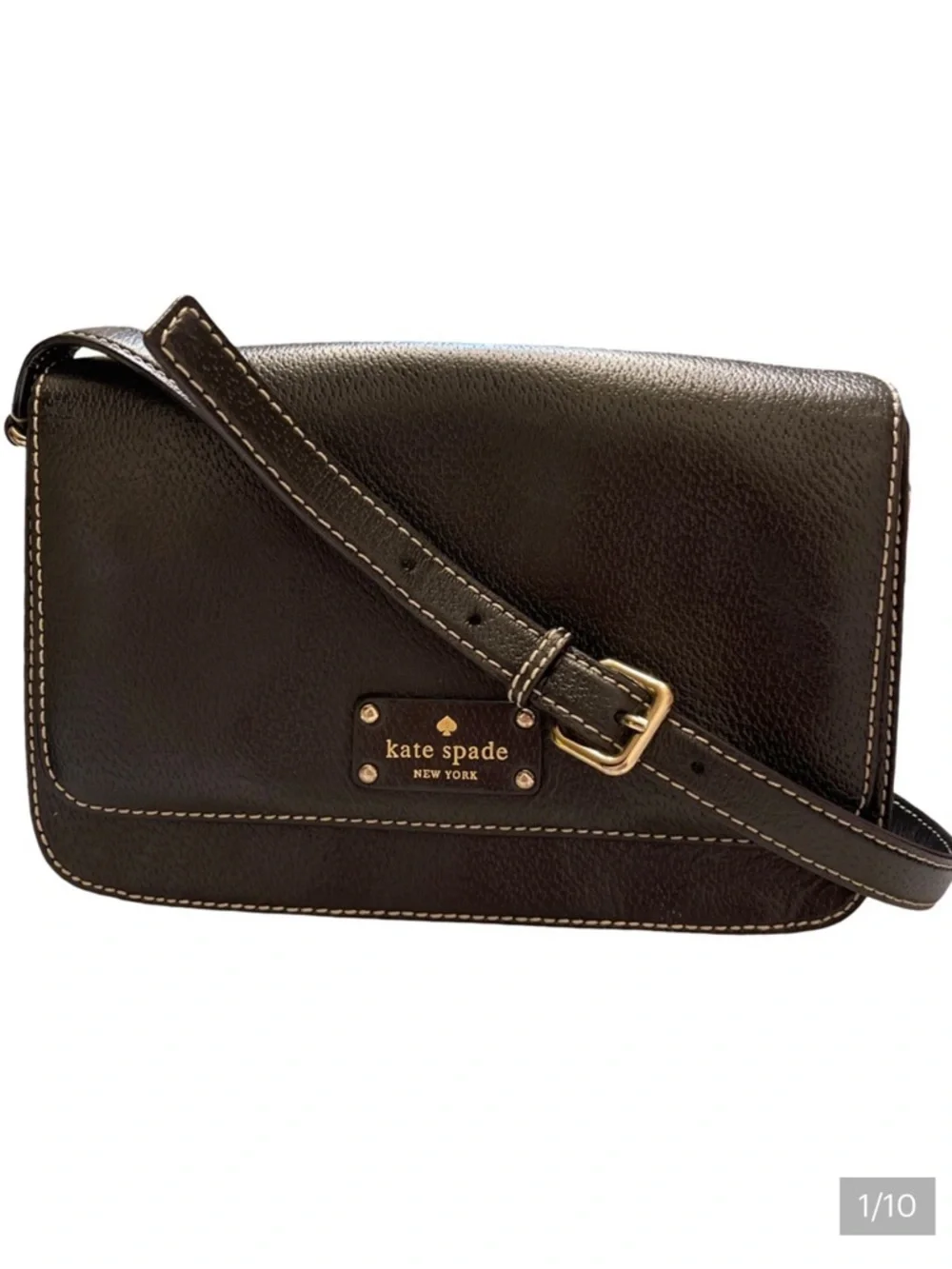 Kate Spade Flynn Black Leather Gold Accents Handbag Purse Pink Polka Dots Inner
