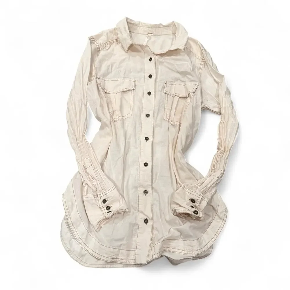 Free People Coastal Ivory Contrast Stitch Oversized Button Down Coverup Size S-L