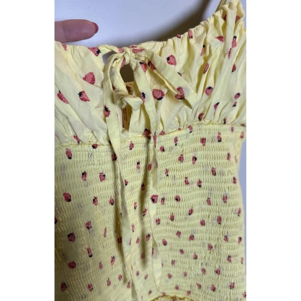 Free People Yellow Strawberry Small Sundress Midi Smocked Coquette Cottage Core