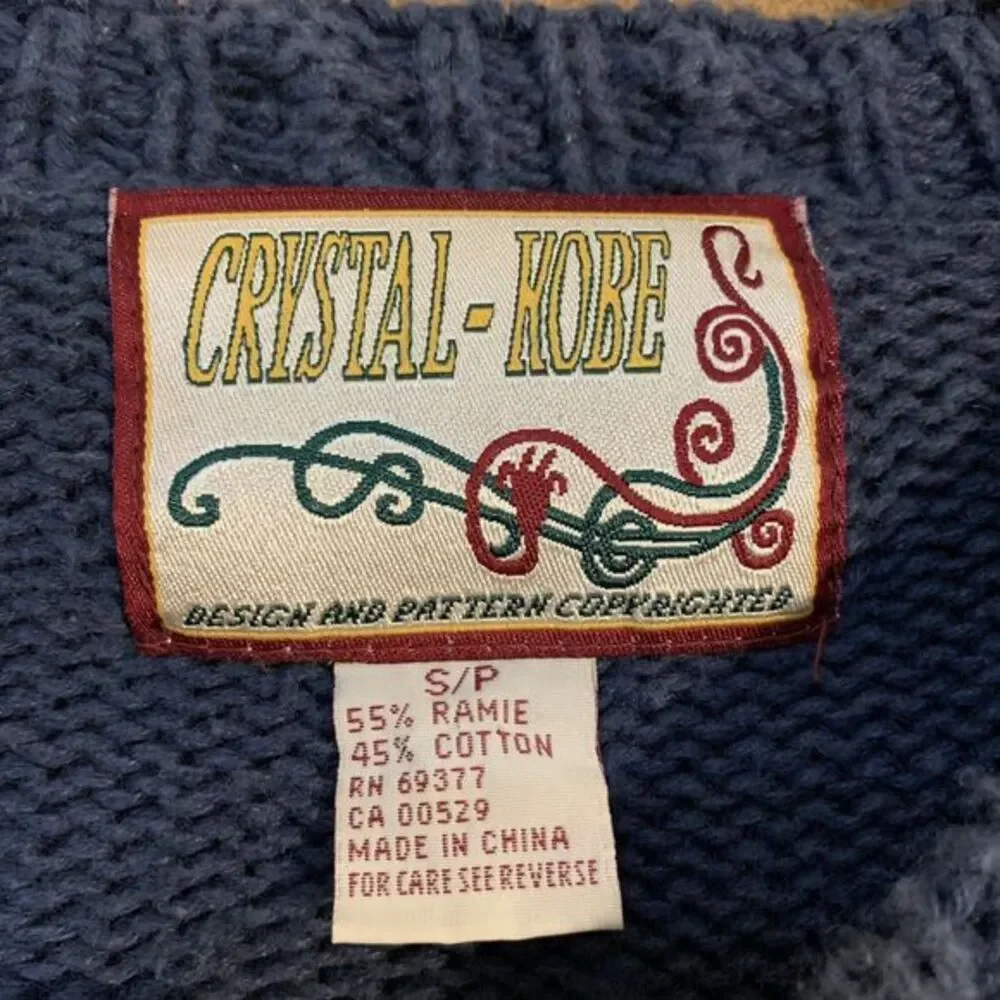VTG Christmas Sweater Crystal-Kobe Small Knit Patchwork 90s Mom Oversized Blue‎
