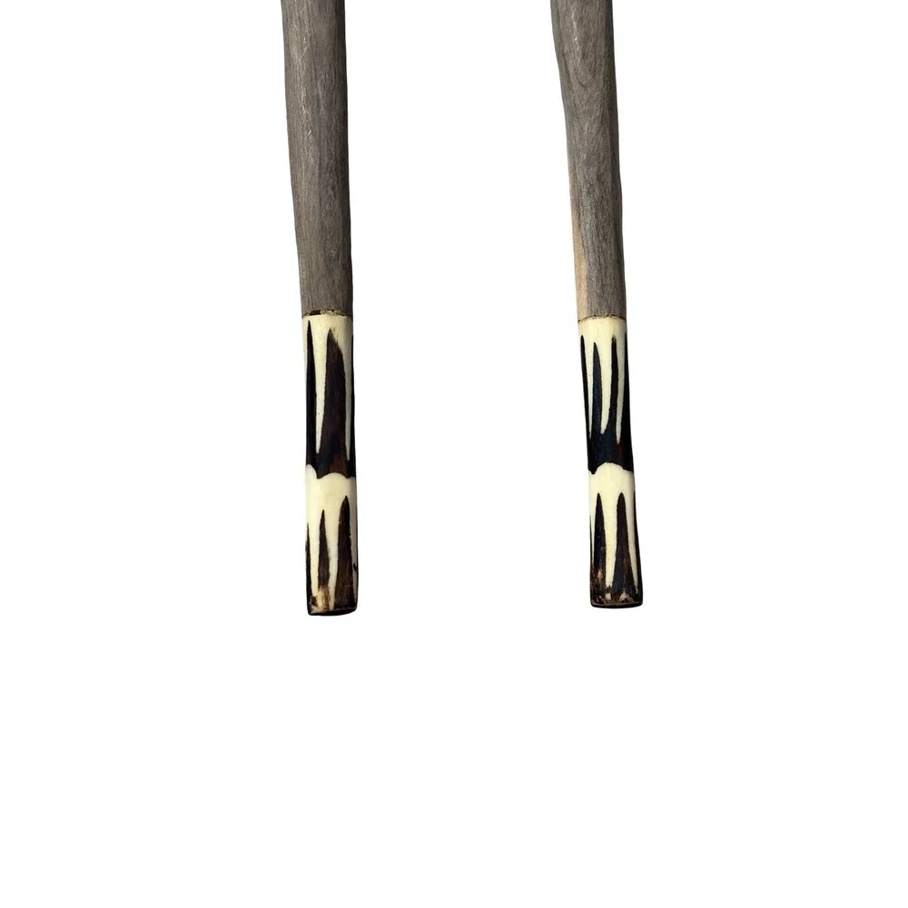 Hand Carved Wooden Salad Servers Bone Inlay Batik Handle‎ Dark Wood 12 Inch Set