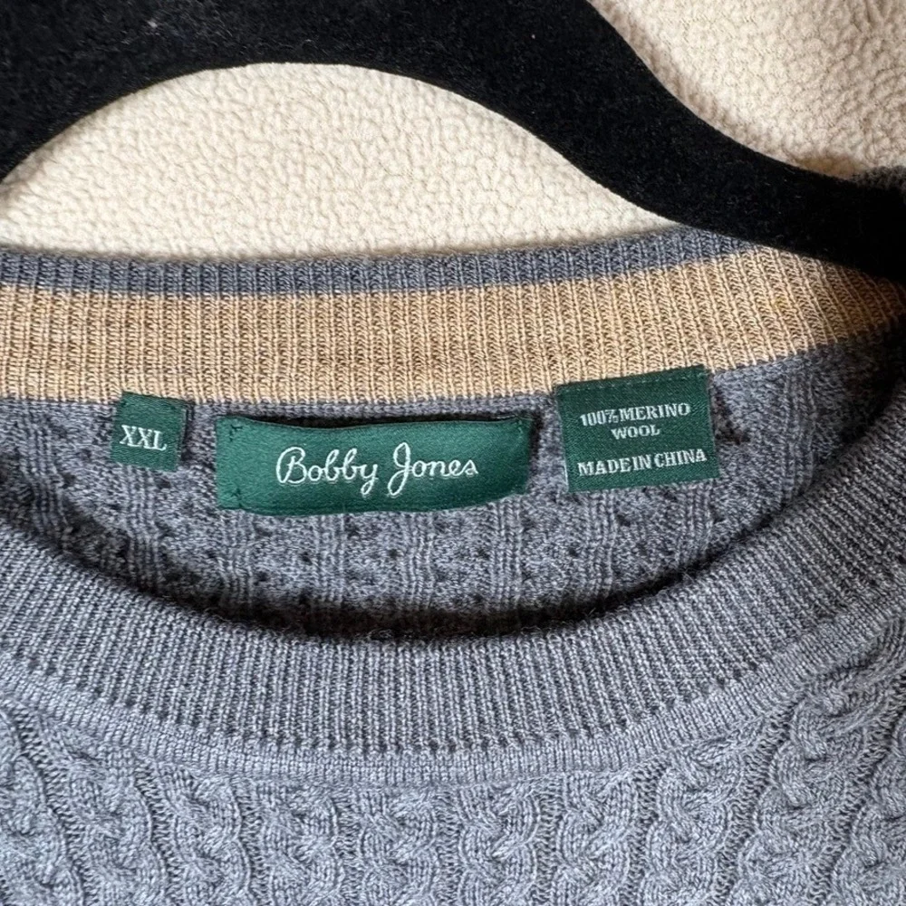 NOS Bobby Jones Mens Cable Knit Merino Wool Sweater 2X Grey Preppy Minimal Lux