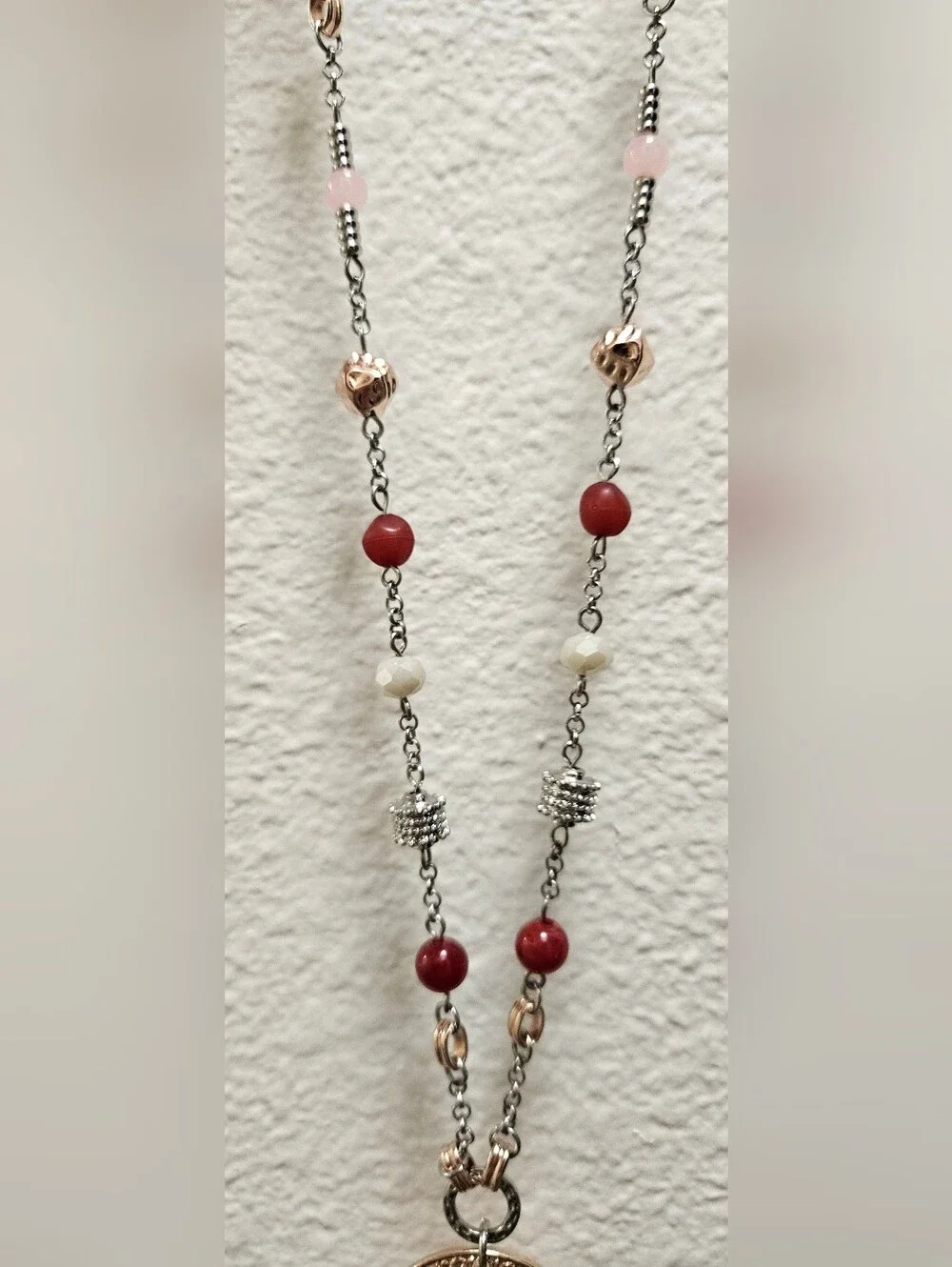 CHICO'S MEDALLION SILVER-TONE ROSE GOLD GLASS BEADS  BOHEMIAN LONG NECKLACE