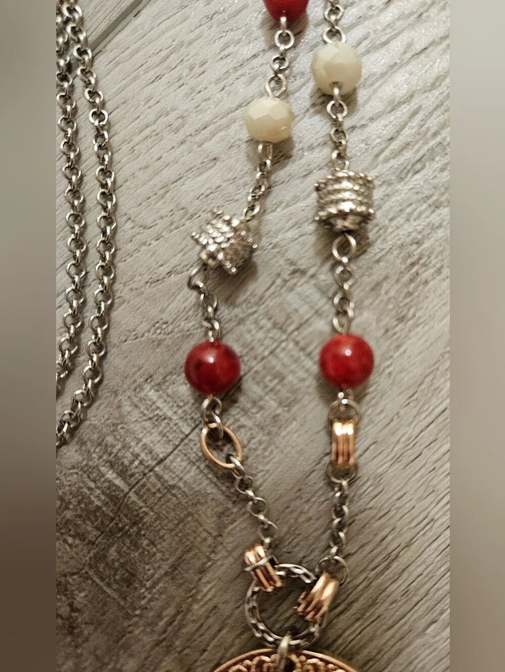 CHICO'S MEDALLION SILVER-TONE ROSE GOLD GLASS BEADS  BOHEMIAN LONG NECKLACE