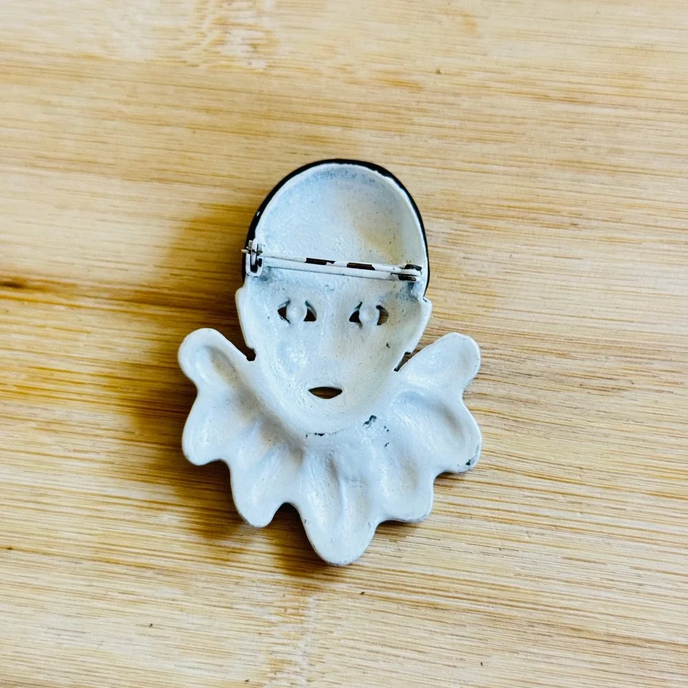1920s Face French Pierrot Clown Harleyquin Brooch‎ Pin VTG Enamel Retro Flashy