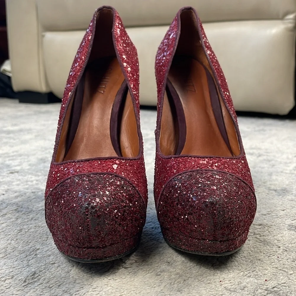 Schutz Fernanda Pump Rouge Red Dark Wine Glitter Sparkle Platform Stiletto 7