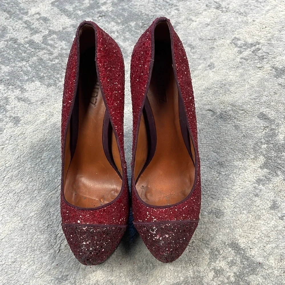 Schutz Fernanda Pump Rouge Red Dark Wine Glitter Sparkle Platform Stiletto 7