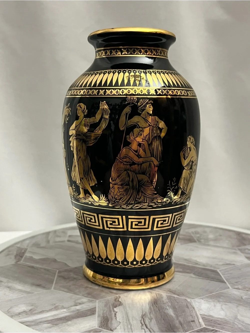 Vintage Shibata Japan Black Gold Greek Revival Ceramic Vase 8”