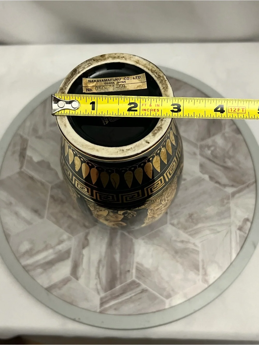 Vintage Shibata Japan Black Gold Greek Revival Ceramic Vase 8”