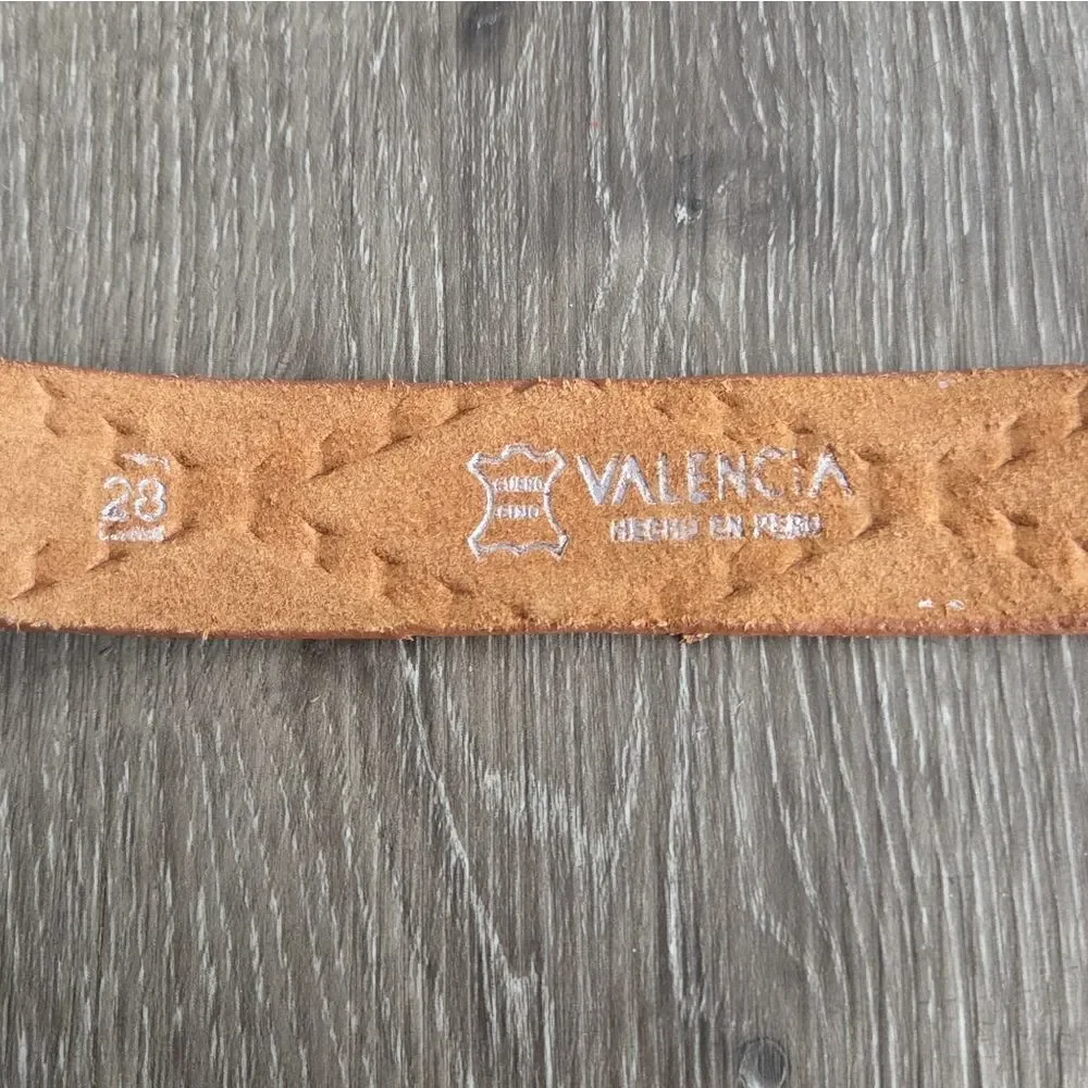 Valencia Brown Leather Belt Embossed Tooled Basket Weave/Aztec-Style Pattern 28