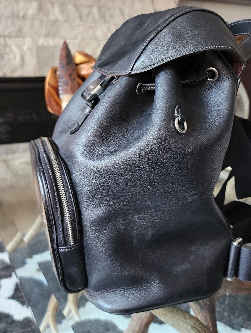 Coach Black Leather Men's Backpack - Signature Front Pocket