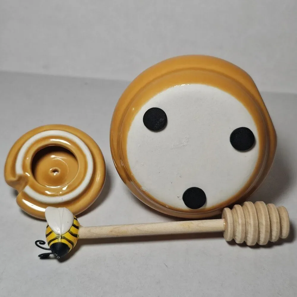 Mini Honey Pot Ceramic Jar & Wood Dipper Beehive with Bee Honey Miel