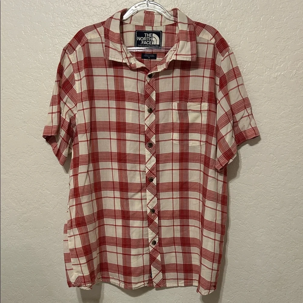 🚀The North Face Red and Cream Plaid Men's Shirt size XL GUC