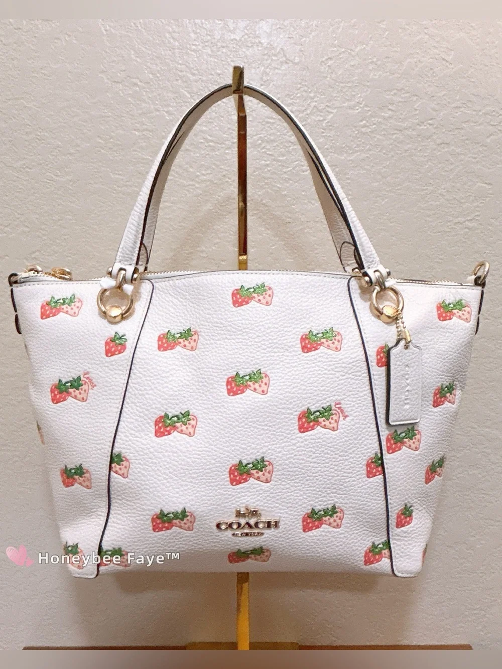 Coach Kacey satchel Strawberry Print Leather Tote with Gold Hardware cb597