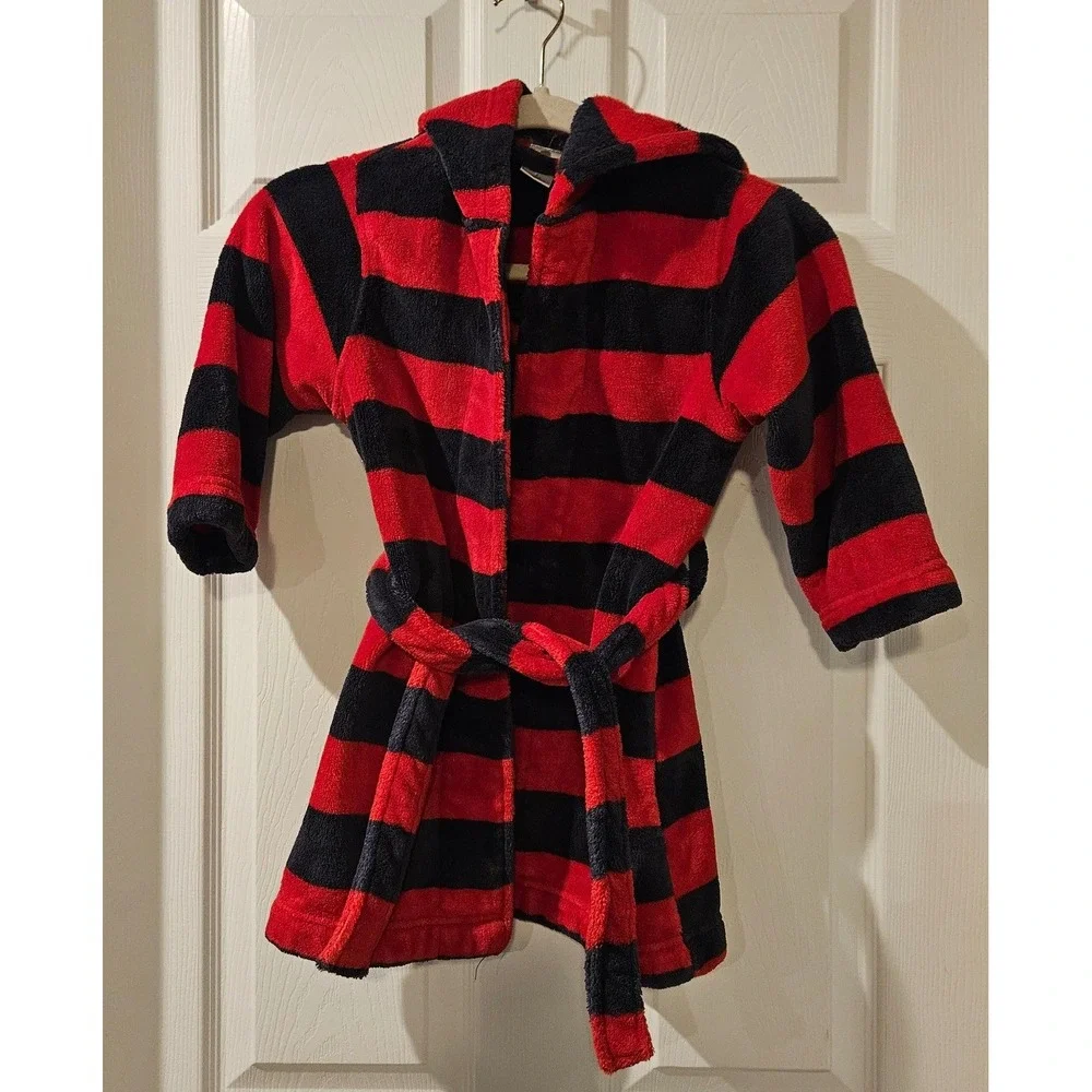 Tucker + Tate Boys Plush Hooded Robe Size 4‎ Red Navy Stripe Belted Cozy