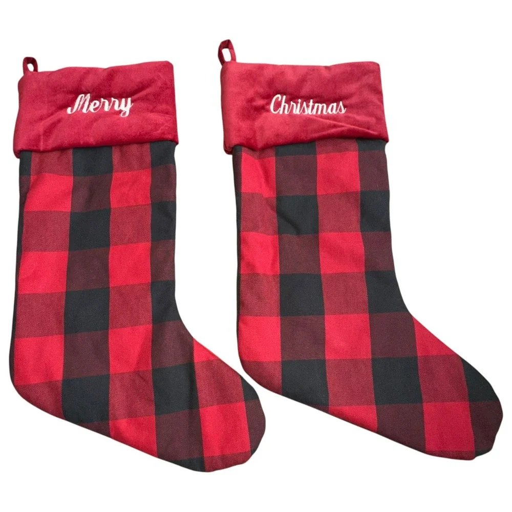 2-Embroidered Pottery Barn Red Black Buffalo Check Plaid‎ Christmas Stocking
