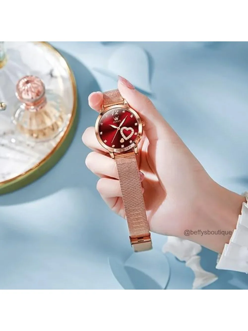 Ladies Diamond Heart Mesh Bracelet Watch Japanese Quartz Stainless Steel