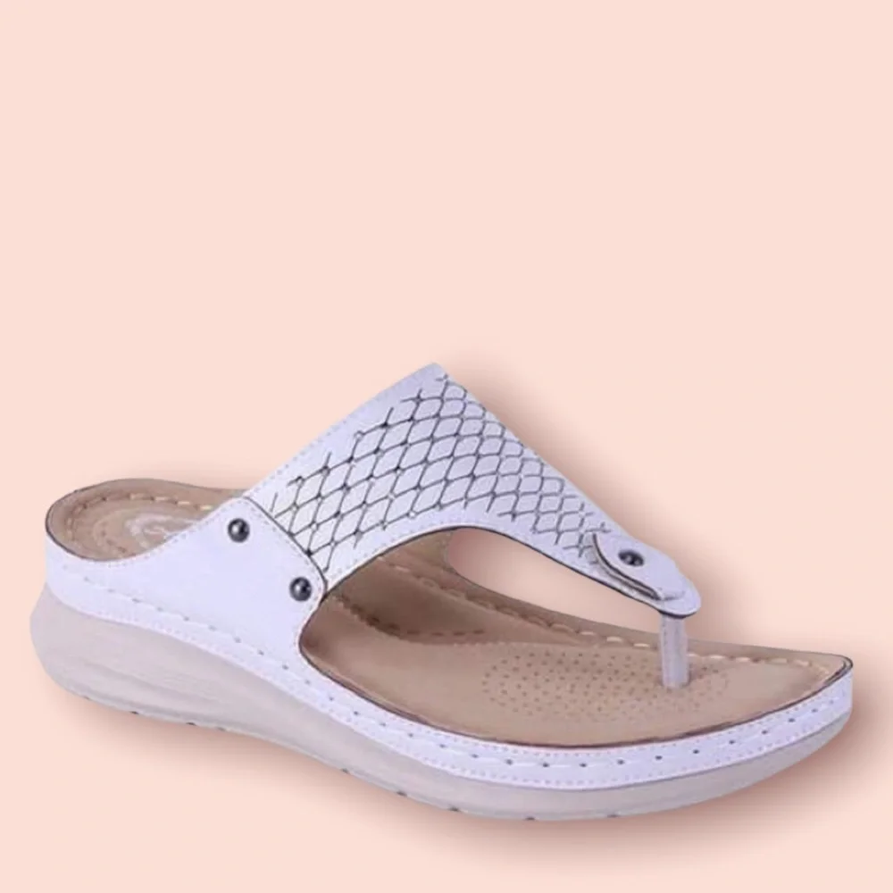 2 Left! Italina Tan Comfort White Textured Rhinestone Thong Slip-On Wedge Sandal