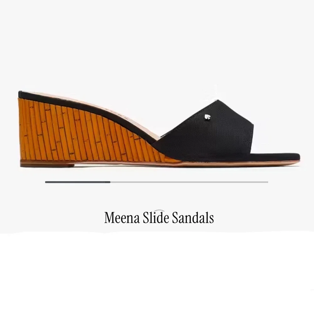 Kate Spade Meena Black Canvas Bamboo Wedge Slide Sandals K8294-1 Sz 7.5 B