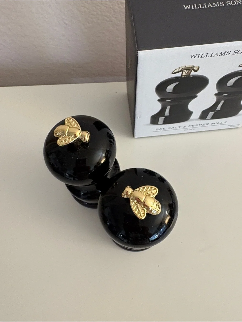 Williams Sonoma Black Salt & Pepper Mills with Gold Bee Toppers