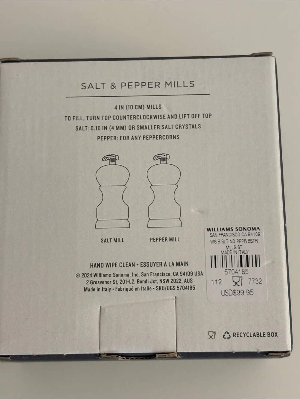 Williams Sonoma Black Salt & Pepper Mills with Gold Bee Toppers