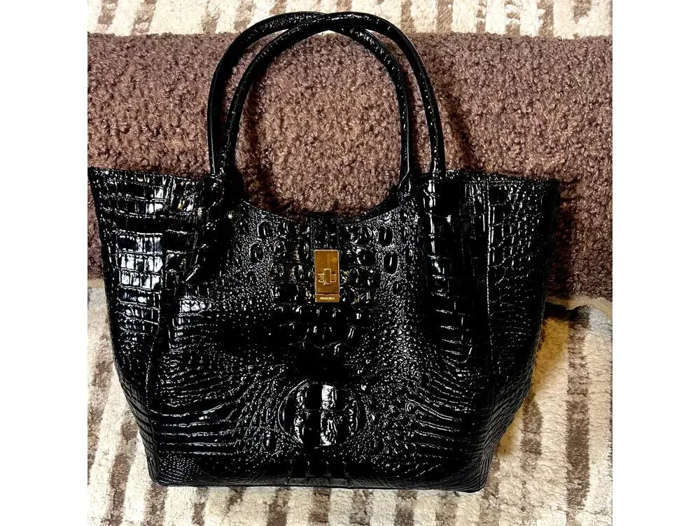 Brahmin Mallory Black Melborne Satchel With Gold Clasp Zipper Pocket EUC