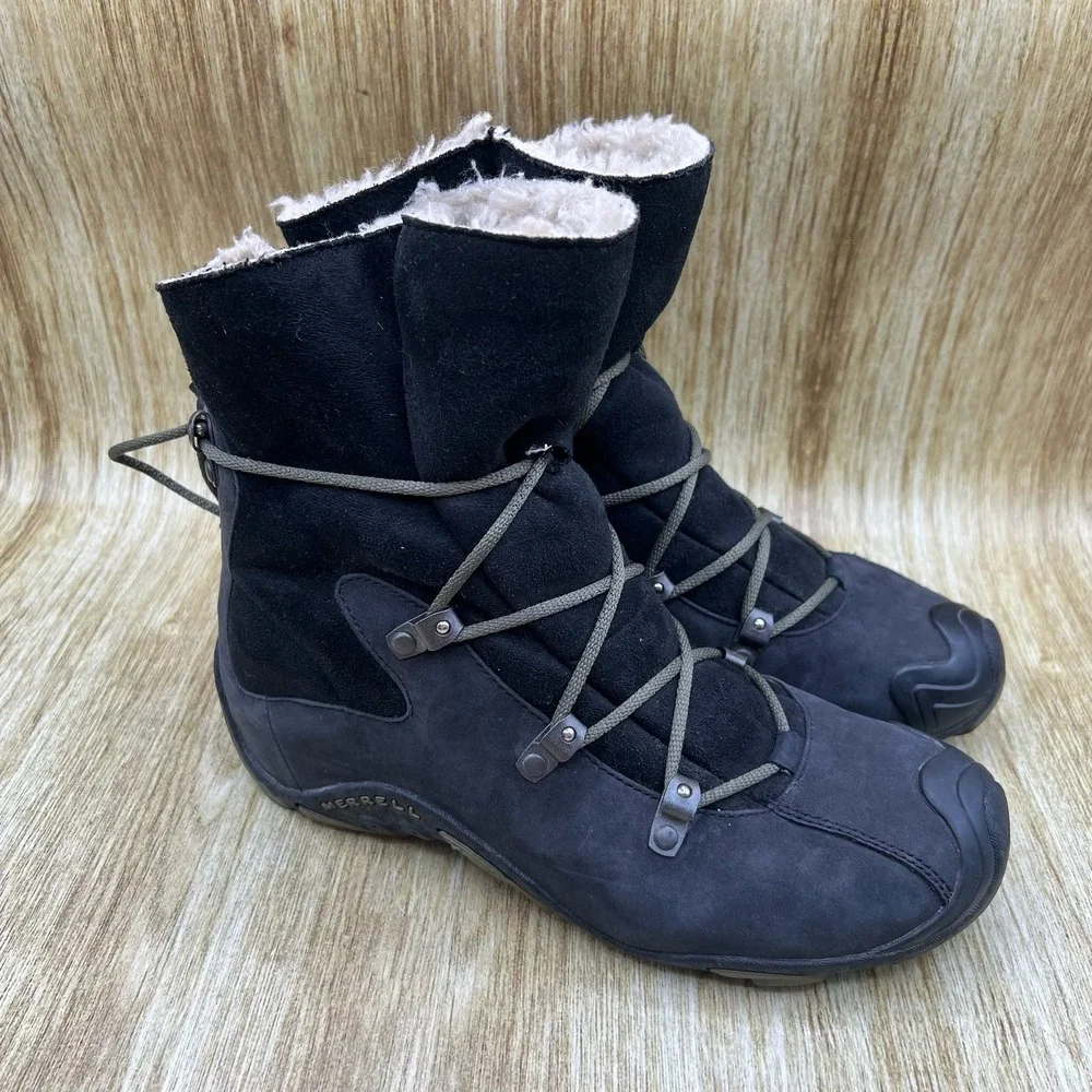 Merrell Forecast Tug Winter Boots Women's Size 8 Black Suede Faux Fur Lined