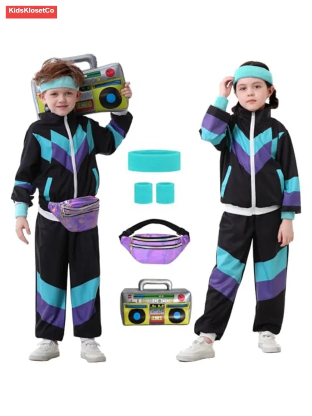 Kids 80s 90s Costume Set Unisex Tracksuit 6Pcs Retro Dance Outfit
