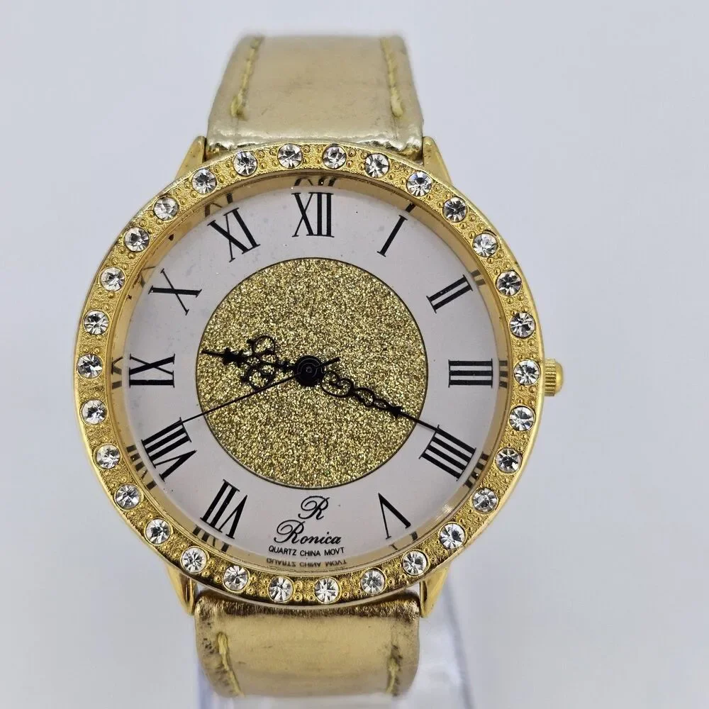 Ronica Women Watch 42MM Roman Numerals White Dial Gold Leather Bands New Battery