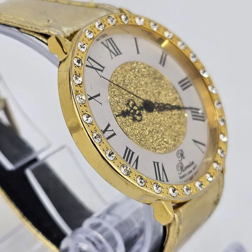 Ronica Women Watch 42MM Roman Numerals White Dial Gold Leather Bands New Battery