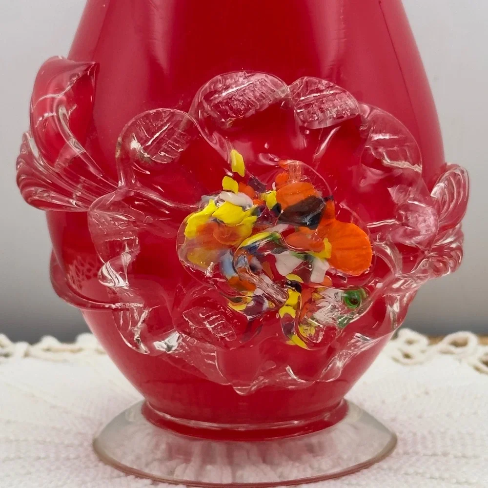 Vintage Red Cased Glass Ruffled Vase Applied Flower Confetti Center 9.5 Inch