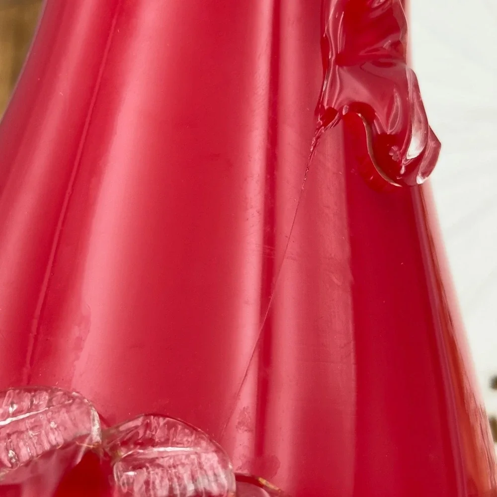 Vintage Red Cased Glass Ruffled Vase Applied Flower Confetti Center 9.5 Inch