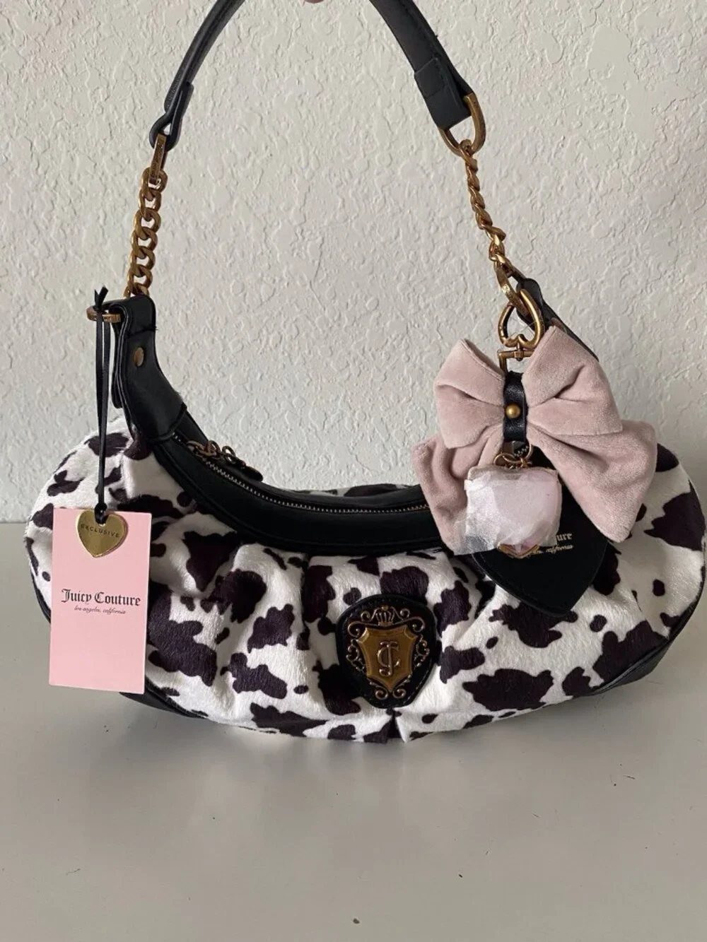 Juicy Couture Romance Cow Print Hobo Coho Bag‎ Liquorice White W/Charm Viral NEW
