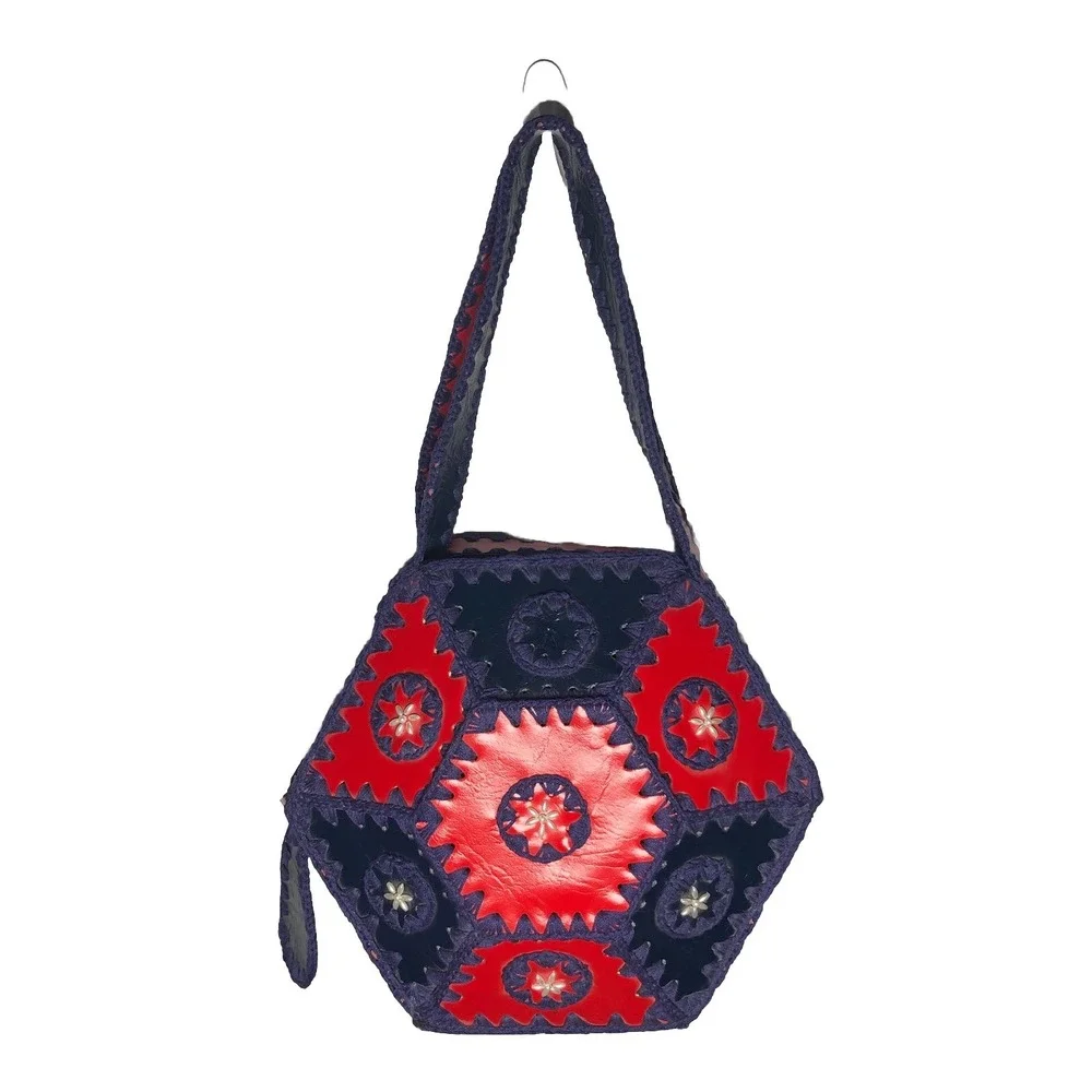 Vtg‎ 1970s Boho Purse Crochet Hexagon Patchwork Leather Handbag Hippie Red Blue