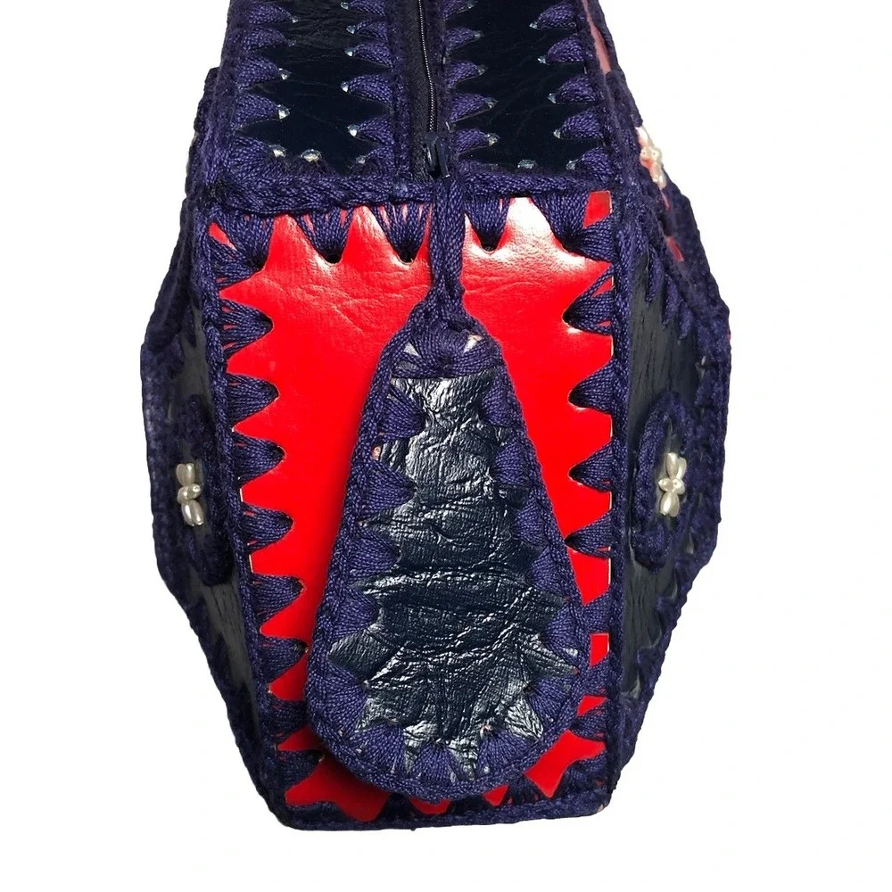 Vtg‎ 1970s Boho Purse Crochet Hexagon Patchwork Leather Handbag Hippie Red Blue