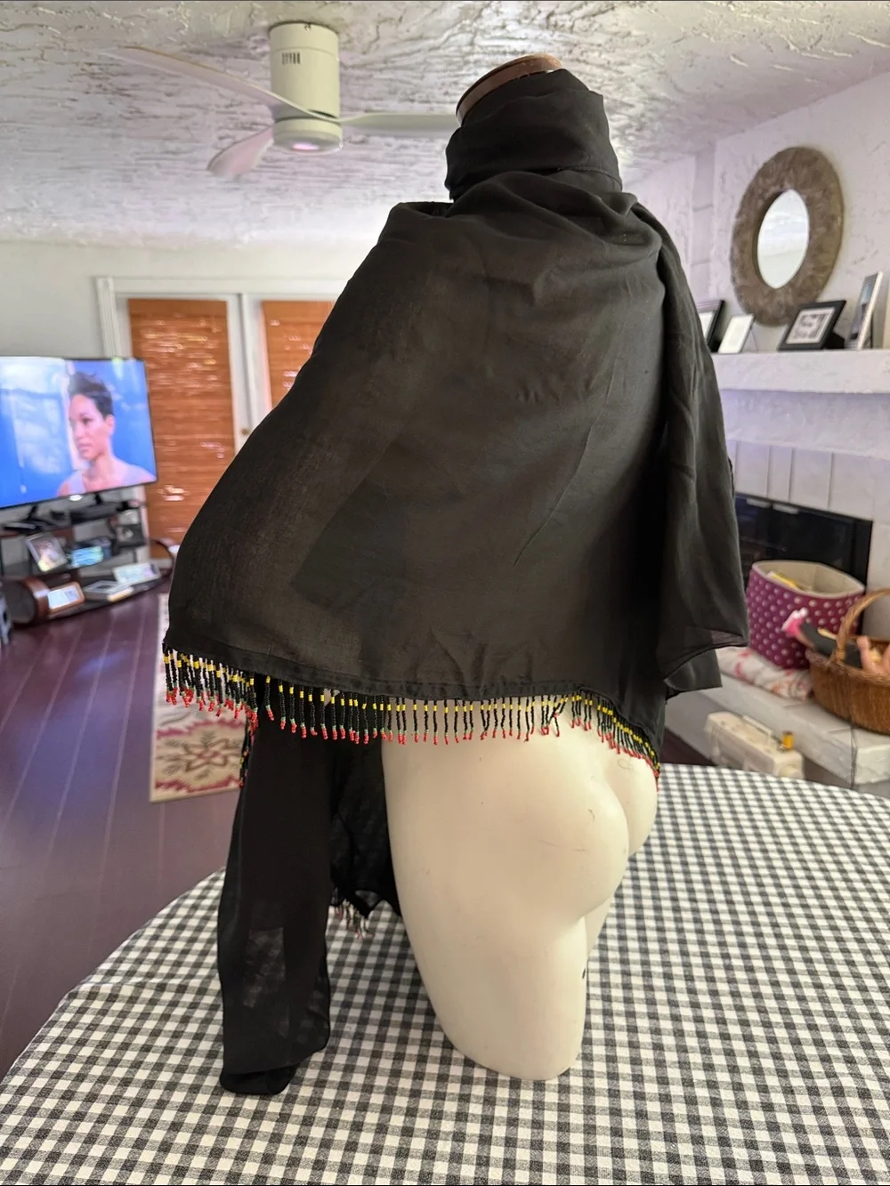 Black Lightweight Fringe-Trim Shawl with Multicolor Bead Detail