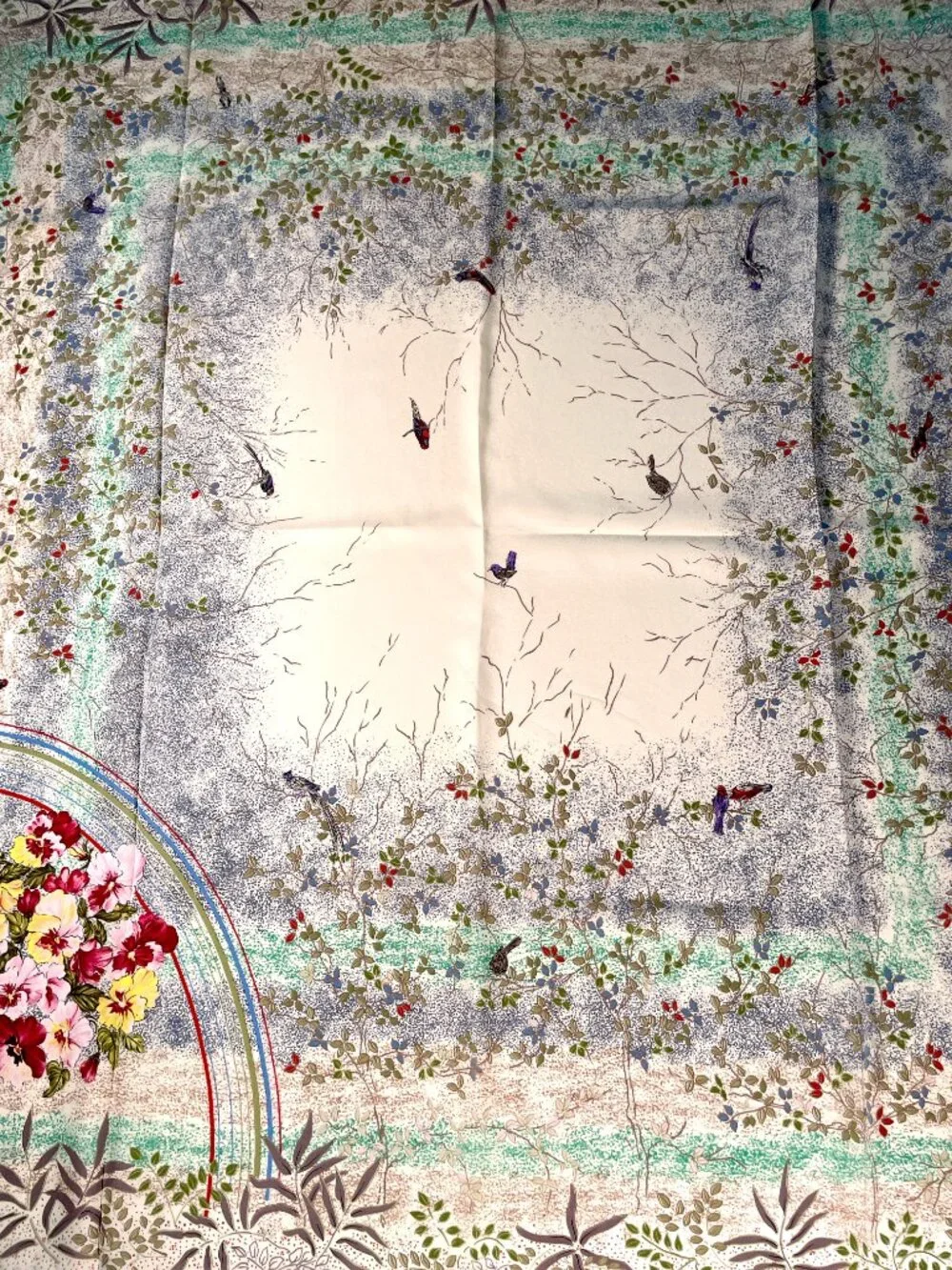 Vintage Gucci Silk Scarf Birds Floral Rainbow Garden 33