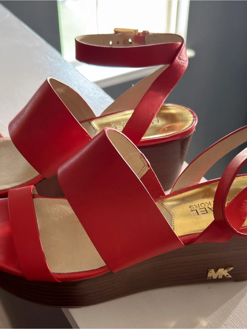 Michael Kors Coral Orange/Red Leather Ankle-Strap Sandals