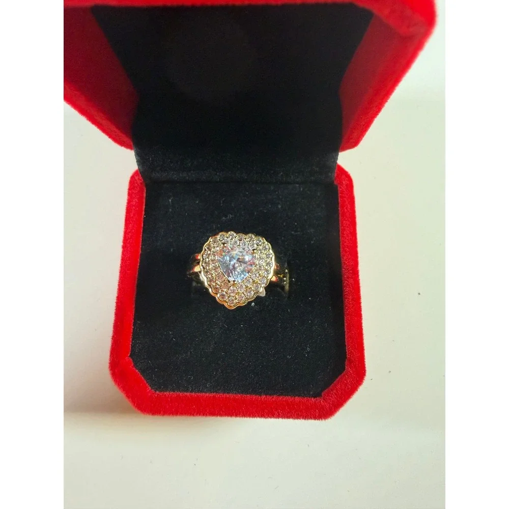 Gold Tone Heart Halo Cocktail Ring Heart Cut Cubic Zirconia Statement RingSize 7