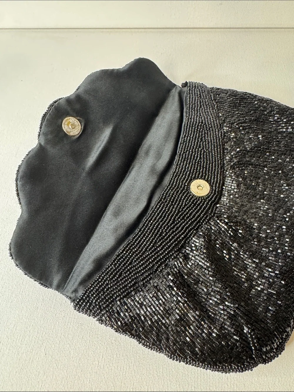 Venizia Vintage Black Beaded Evening Clutch Bag Shimmer Scalloped Flap