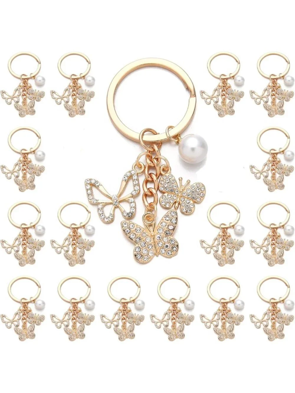 20PCS Crystal Butterfly Keychains with Pearl Charms - Cute Key Rings for Bags