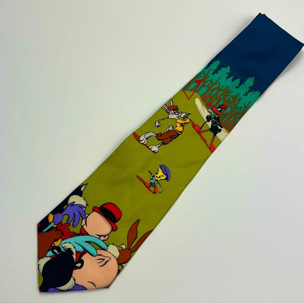 Vintage Warner‎ Bros. Looney Tunes Golf Mens Silk Neck Tie Bugs Bunny Daffy Duck