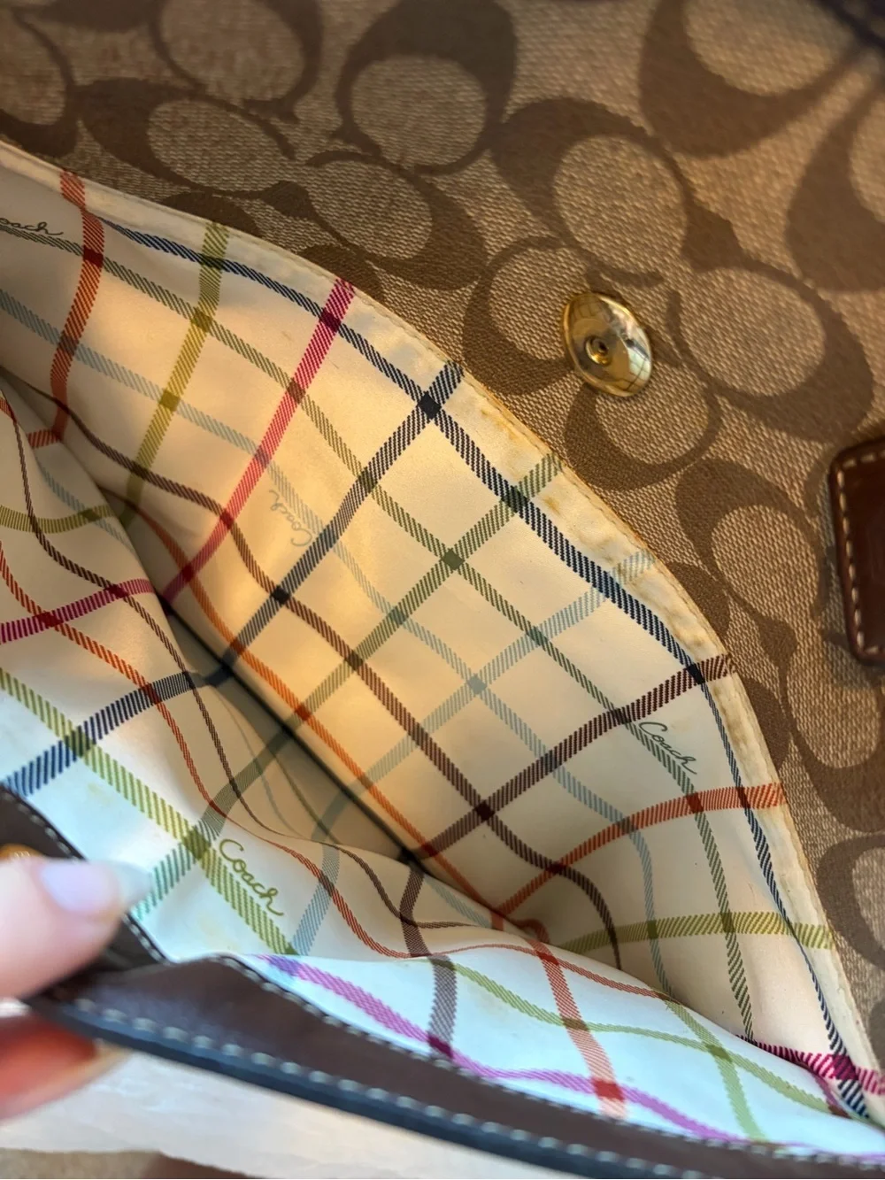 Coach Brown Signature Stripe Tote with Gold Accents