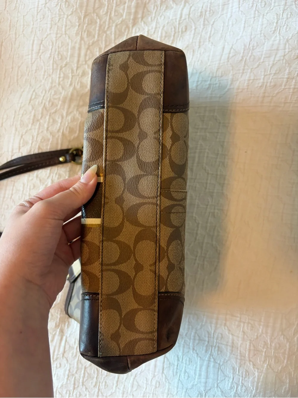 Coach Brown Signature Stripe Tote with Gold Accents