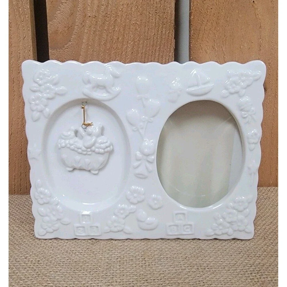 Baby Gift Picture Frame Porcelain Teddy Bear In Tub