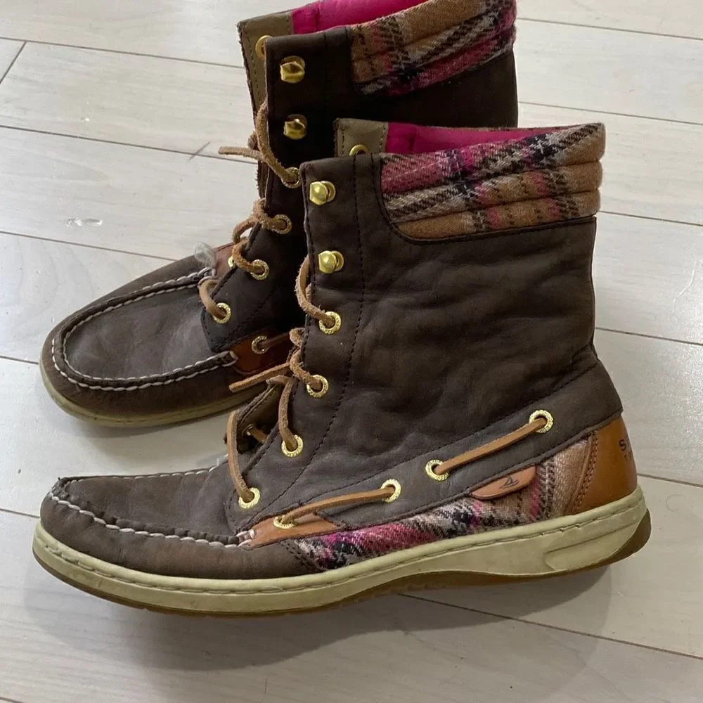 Sperry Women's Hikerfish Plaid Lace-up Leather Boots Brown & Pink Size 8M