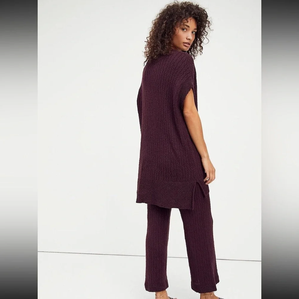 Free People Ribbed Knit V-Neck Tunic & Wide Leg Pant Set in Plum