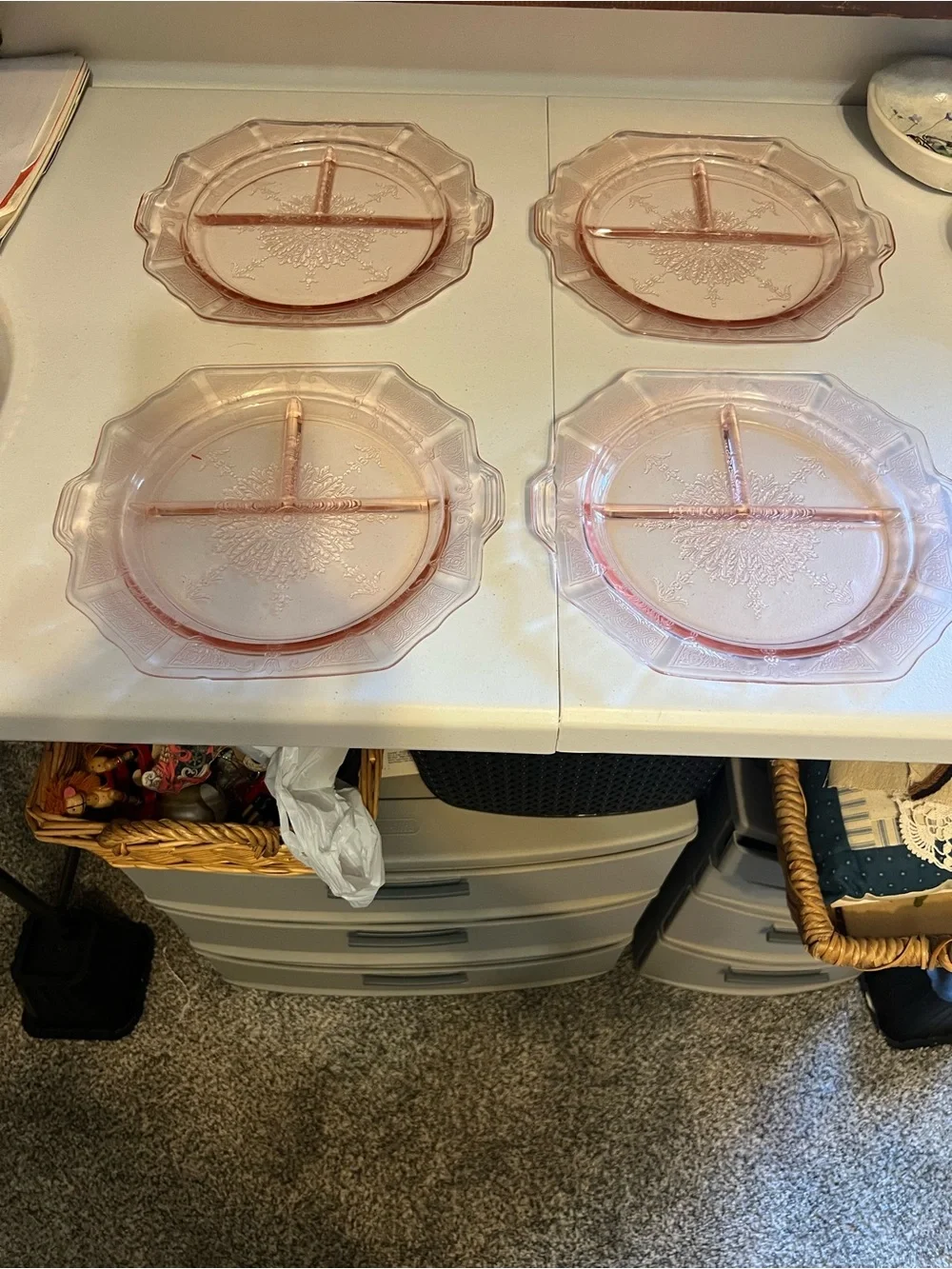 4 Anchor Hocking Depression Glass Grill Plates.  Princess pattern (2 add’l free)
